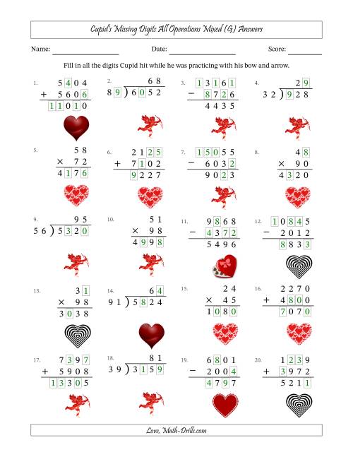The Cupid's Missing Digits All Operations Mixed (Harder Version) (G) Math Worksheet Page 2