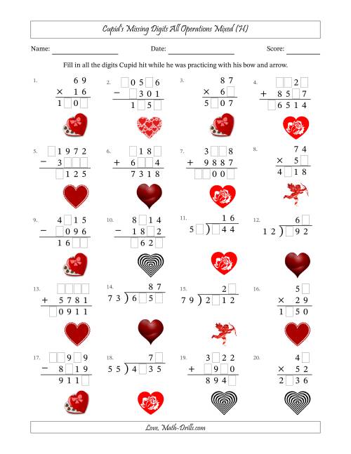 The Cupid's Missing Digits All Operations Mixed (Harder Version) (H) Math Worksheet