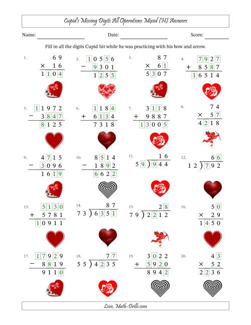 The Cupid's Missing Digits All Operations Mixed (Harder Version) (H) Math Worksheet Page 2