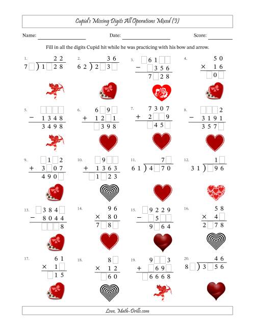 The Cupid's Missing Digits All Operations Mixed (Harder Version) (I) Math Worksheet