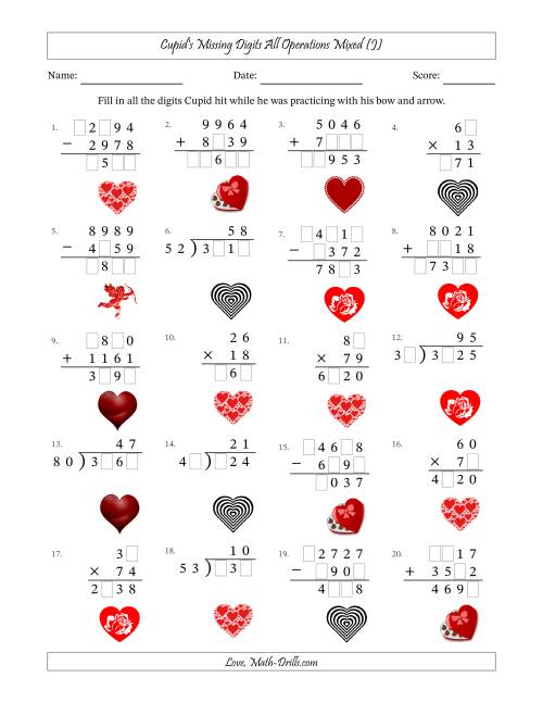 The Cupid's Missing Digits All Operations Mixed (Harder Version) (J) Math Worksheet
