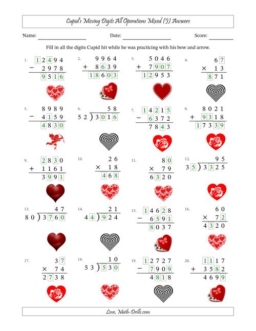 The Cupid's Missing Digits All Operations Mixed (Harder Version) (J) Math Worksheet Page 2