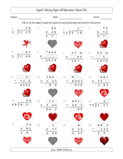 The Cupid's Missing Digits All Operations Mixed (Harder Version) (All) Math Worksheet