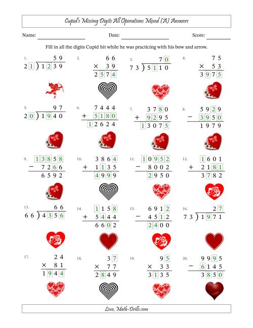 The Cupid's Missing Digits All Operations Mixed (Harder Version) (All) Math Worksheet Page 2