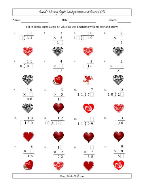 The Cupid's Missing Digits Multiplication and Division (Easier Version) (A) Math Worksheet