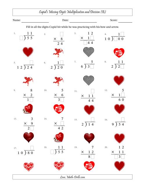 The Cupid's Missing Digits Multiplication and Division (Easier Version) (B) Math Worksheet