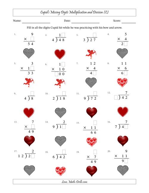 The Cupid's Missing Digits Multiplication and Division (Easier Version) (C) Math Worksheet