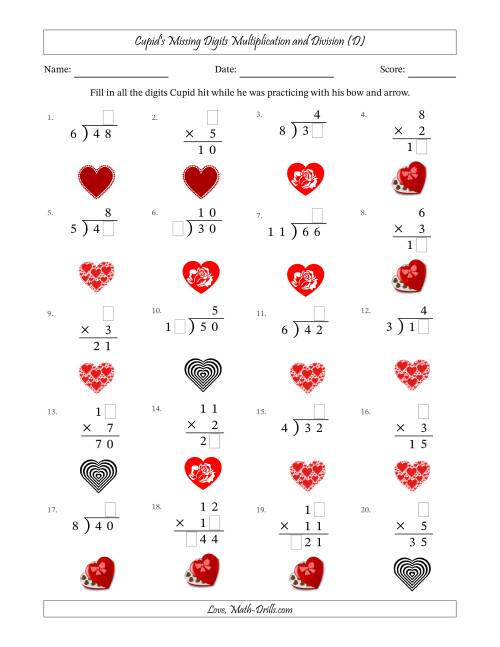 The Cupid's Missing Digits Multiplication and Division (Easier Version) (D) Math Worksheet