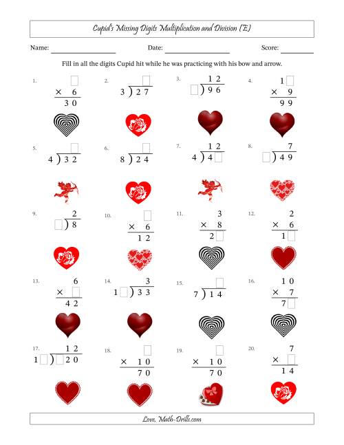The Cupid's Missing Digits Multiplication and Division (Easier Version) (E) Math Worksheet