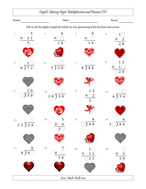 The Cupid's Missing Digits Multiplication and Division (Easier Version) (F) Math Worksheet