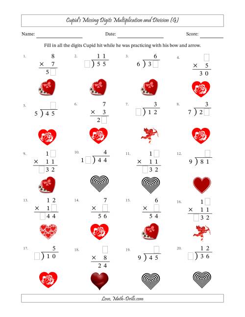 The Cupid's Missing Digits Multiplication and Division (Easier Version) (G) Math Worksheet