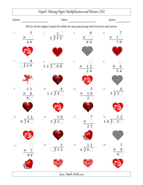 The Cupid's Missing Digits Multiplication and Division (Easier Version) (H) Math Worksheet