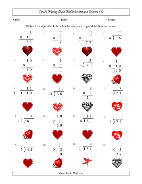 The Cupid's Missing Digits Multiplication and Division (Easier Version) (J) Math Worksheet