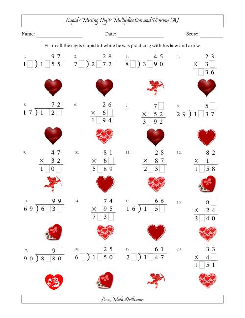 The Cupid's Missing Digits Multiplication and Division (Harder Version) (A) Math Worksheet