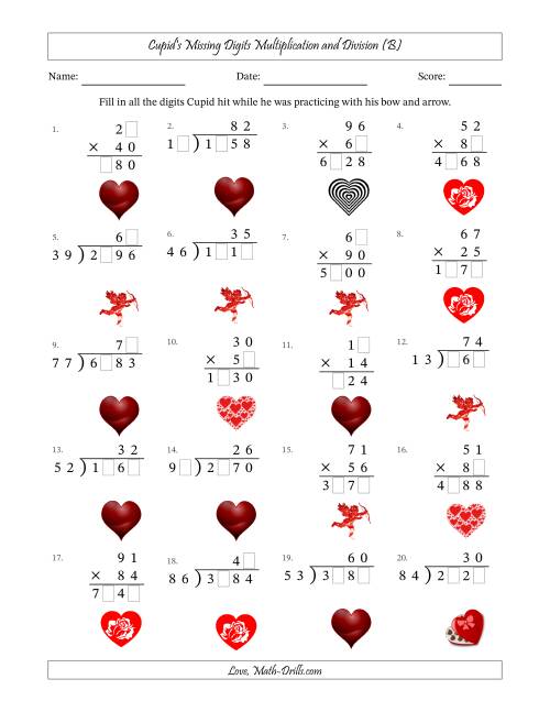 The Cupid's Missing Digits Multiplication and Division (Harder Version) (B) Math Worksheet