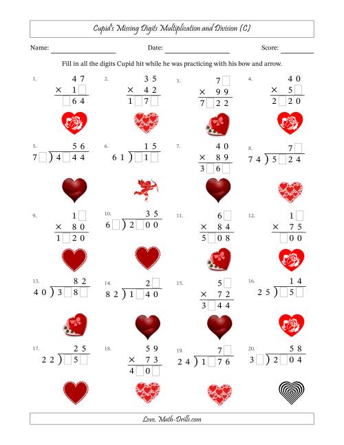 The Cupid's Missing Digits Multiplication and Division (Harder Version) (C) Math Worksheet