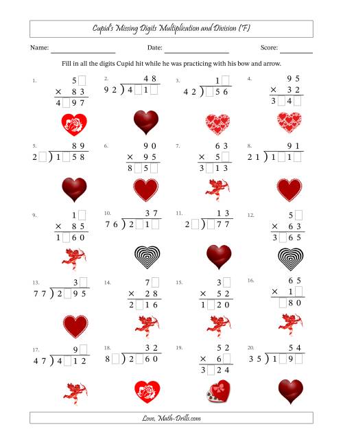 The Cupid's Missing Digits Multiplication and Division (Harder Version) (F) Math Worksheet