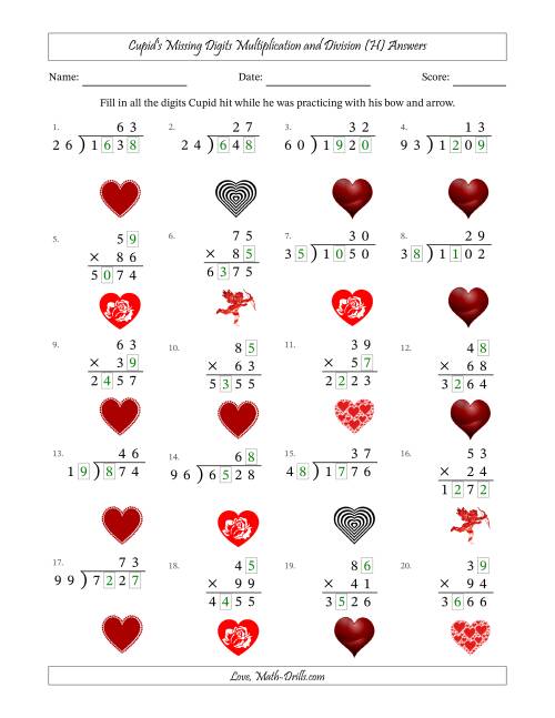 The Cupid's Missing Digits Multiplication and Division (Harder Version) (H) Math Worksheet Page 2