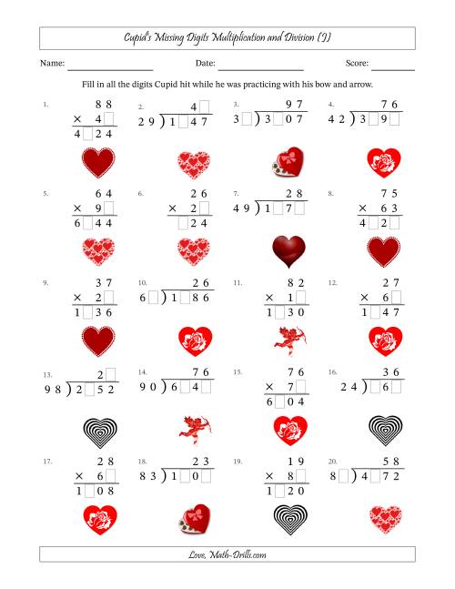 The Cupid's Missing Digits Multiplication and Division (Harder Version) (J) Math Worksheet