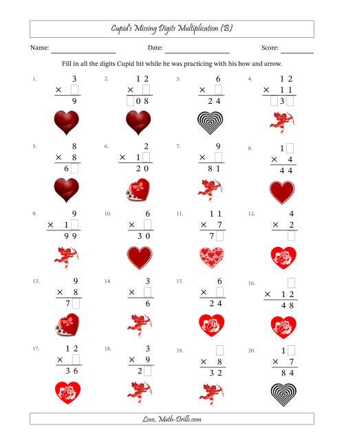 The Cupid's Missing Digits Multiplication (Easier Version) (B) Math Worksheet