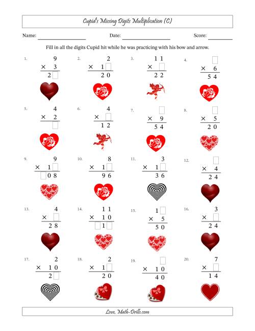The Cupid's Missing Digits Multiplication (Easier Version) (C) Math Worksheet