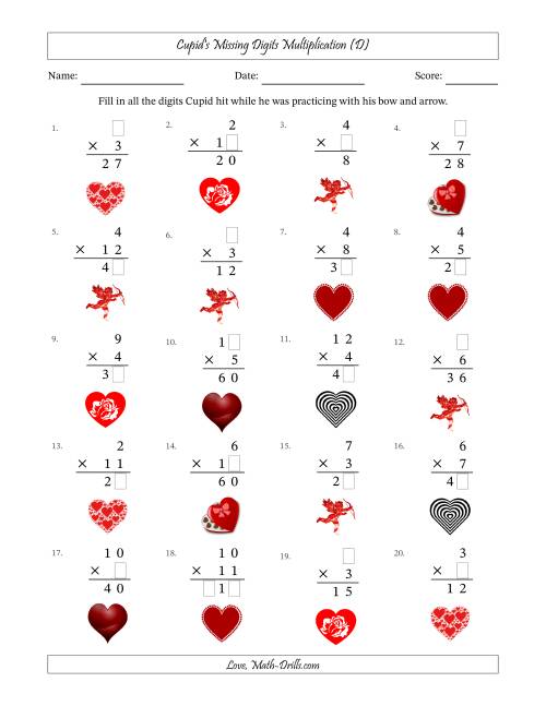 The Cupid's Missing Digits Multiplication (Easier Version) (D) Math Worksheet