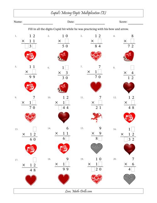 The Cupid's Missing Digits Multiplication (Easier Version) (E) Math Worksheet