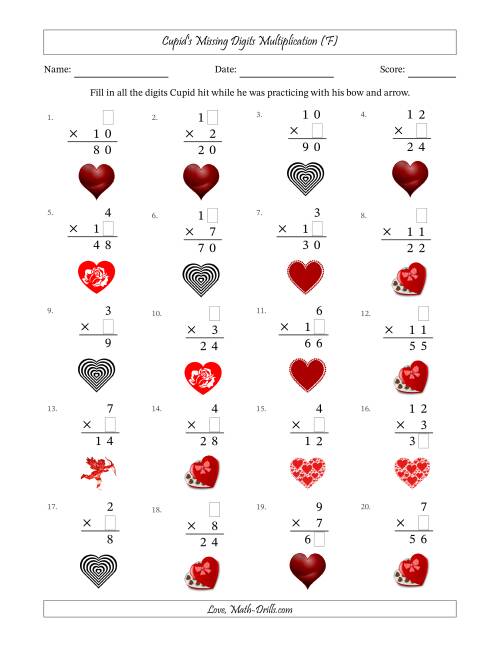 The Cupid's Missing Digits Multiplication (Easier Version) (F) Math Worksheet
