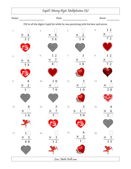 The Cupid's Missing Digits Multiplication (Easier Version) (G) Math Worksheet