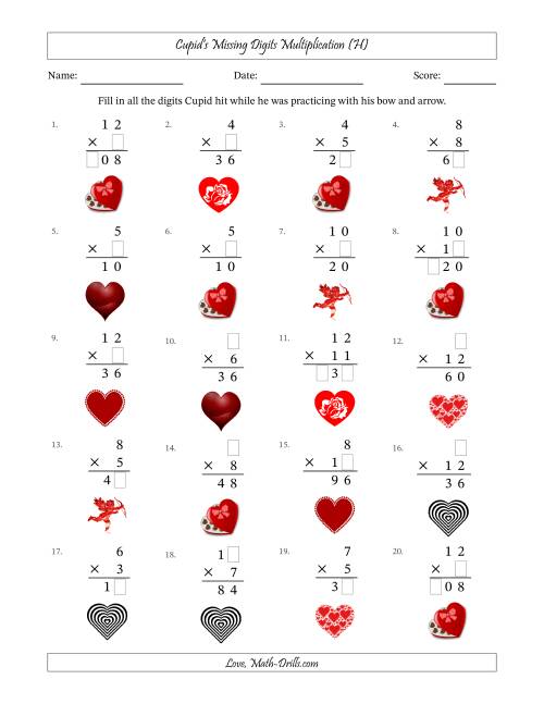 The Cupid's Missing Digits Multiplication (Easier Version) (H) Math Worksheet