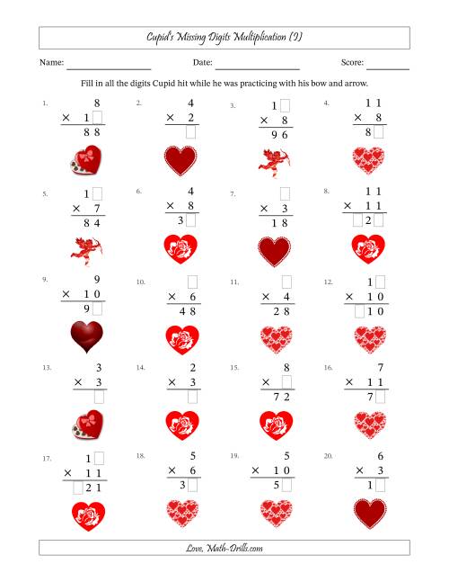 The Cupid's Missing Digits Multiplication (Easier Version) (I) Math Worksheet