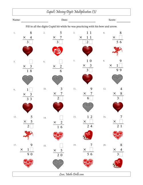 The Cupid's Missing Digits Multiplication (Easier Version) (J) Math Worksheet
