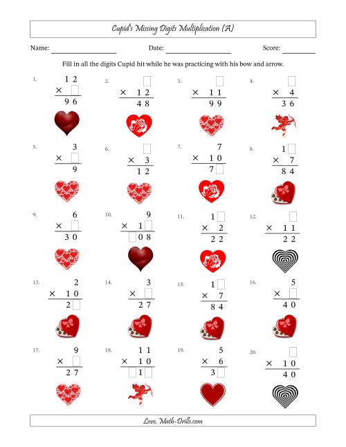 The Cupid's Missing Digits Multiplication (Easier Version) (All) Math Worksheet