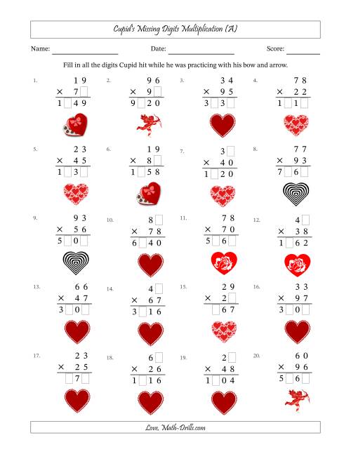 The Cupid's Missing Digits Multiplication (Harder Version) (A) Math Worksheet