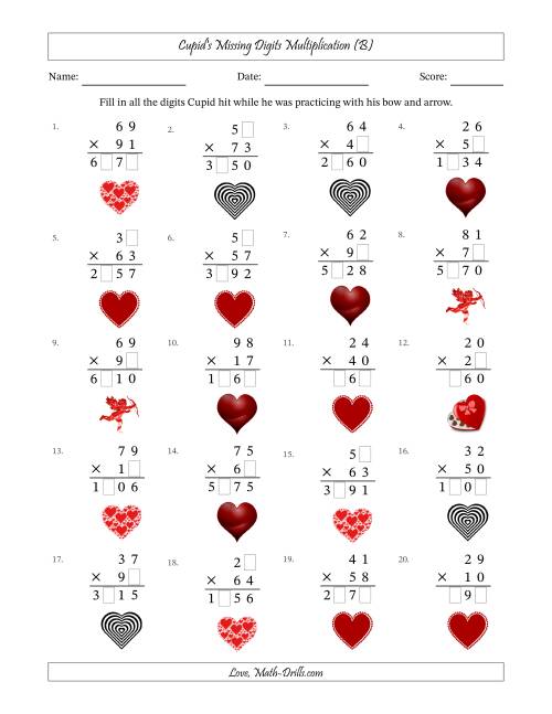The Cupid's Missing Digits Multiplication (Harder Version) (B) Math Worksheet
