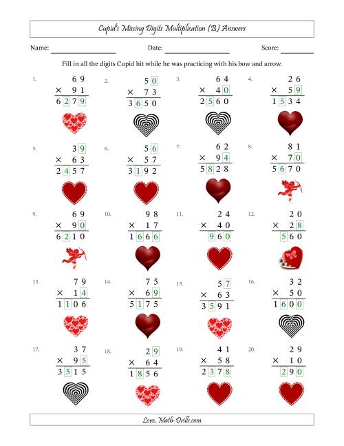 The Cupid's Missing Digits Multiplication (Harder Version) (B) Math Worksheet Page 2