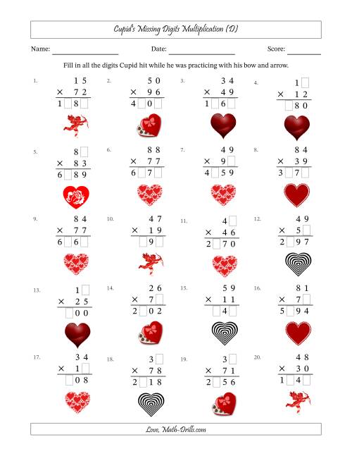 The Cupid's Missing Digits Multiplication (Harder Version) (D) Math Worksheet