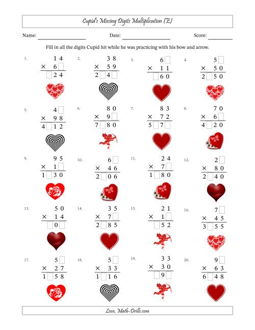 The Cupid's Missing Digits Multiplication (Harder Version) (E) Math Worksheet