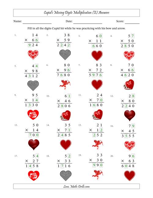 The Cupid's Missing Digits Multiplication (Harder Version) (E) Math Worksheet Page 2