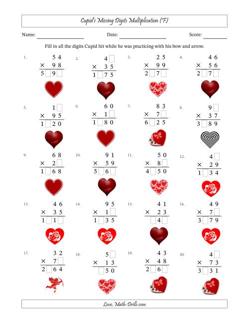 The Cupid's Missing Digits Multiplication (Harder Version) (F) Math Worksheet