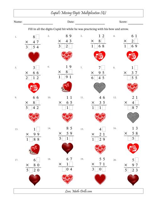 The Cupid's Missing Digits Multiplication (Harder Version) (G) Math Worksheet