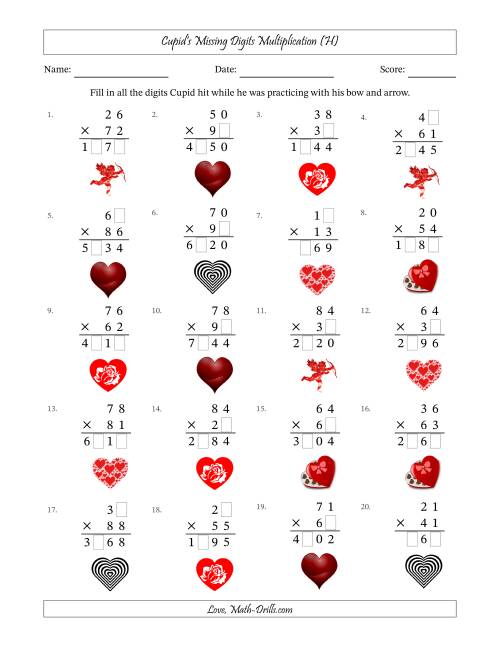 The Cupid's Missing Digits Multiplication (Harder Version) (H) Math Worksheet