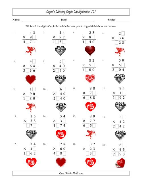 The Cupid's Missing Digits Multiplication (Harder Version) (J) Math Worksheet
