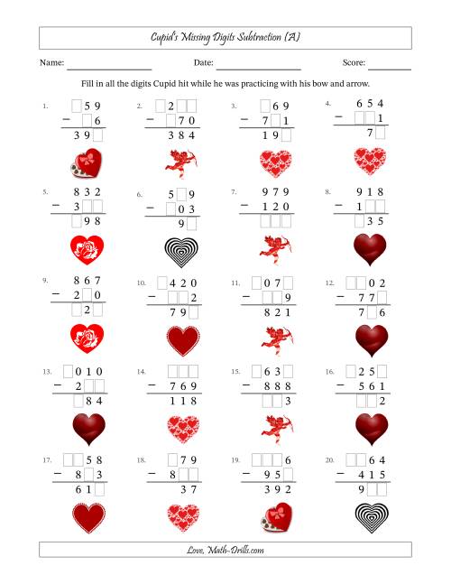 The Cupid's Missing Digits Subtraction (Easier Version) (A) Math Worksheet
