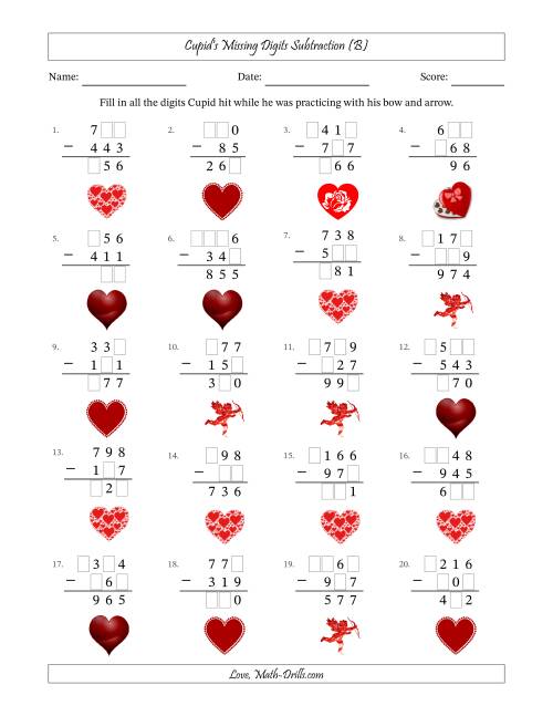 The Cupid's Missing Digits Subtraction (Easier Version) (B) Math Worksheet