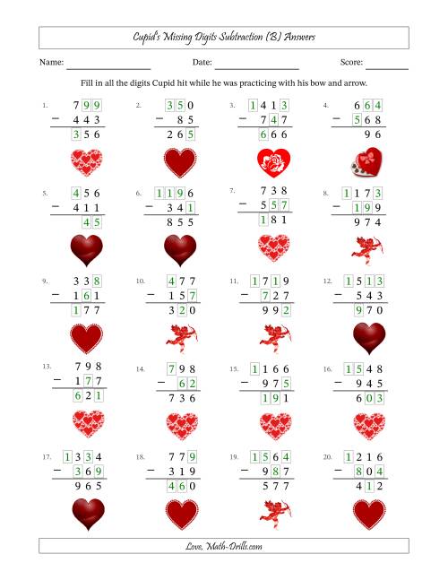 The Cupid's Missing Digits Subtraction (Easier Version) (B) Math Worksheet Page 2