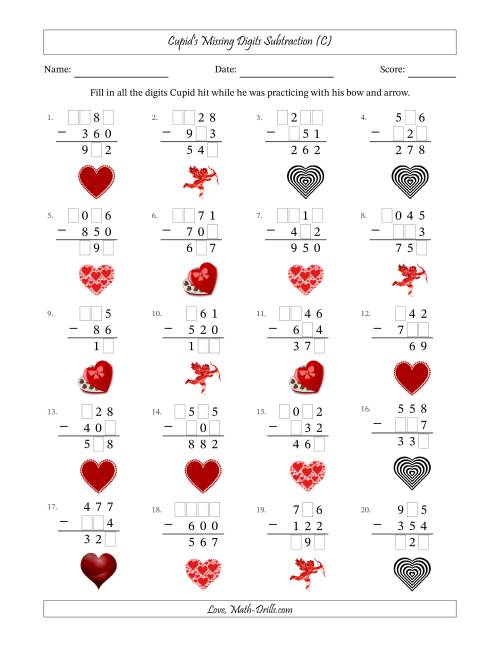 The Cupid's Missing Digits Subtraction (Easier Version) (C) Math Worksheet