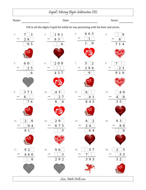 The Cupid's Missing Digits Subtraction (Easier Version) (D) Math Worksheet