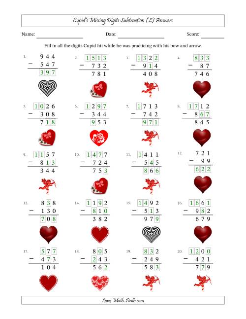 The Cupid's Missing Digits Subtraction (Easier Version) (E) Math Worksheet Page 2