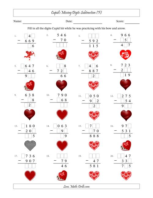 The Cupid's Missing Digits Subtraction (Easier Version) (F) Math Worksheet
